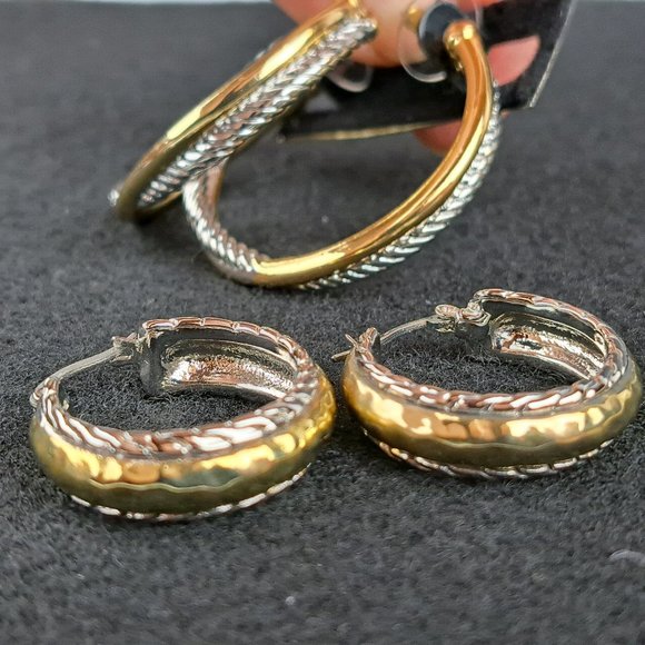 Twisted Cable, Hammered Gold & Silver Tone Hoop Earrings  4 pair - Picture 3 of 14